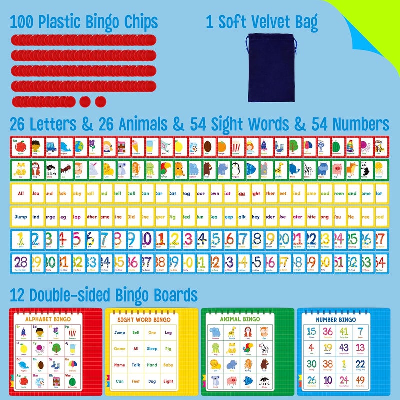 SpriteGru Family Bingo Game, Alphabet Animal Sight Word and Number Bingo Board Game, Counting and Matching Skills Classic Educational Game for Kindergarten and Preschool Kids, Perfect for Home and Classroom - Image 2